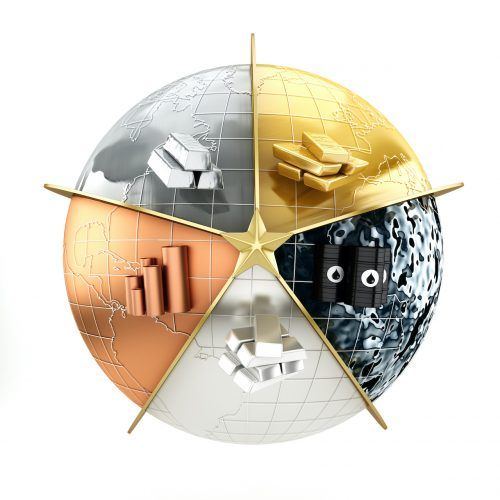 Popular investment tools: precious metals; gold, silver, copper, platinum and crude oil placed on a globe with earth map.